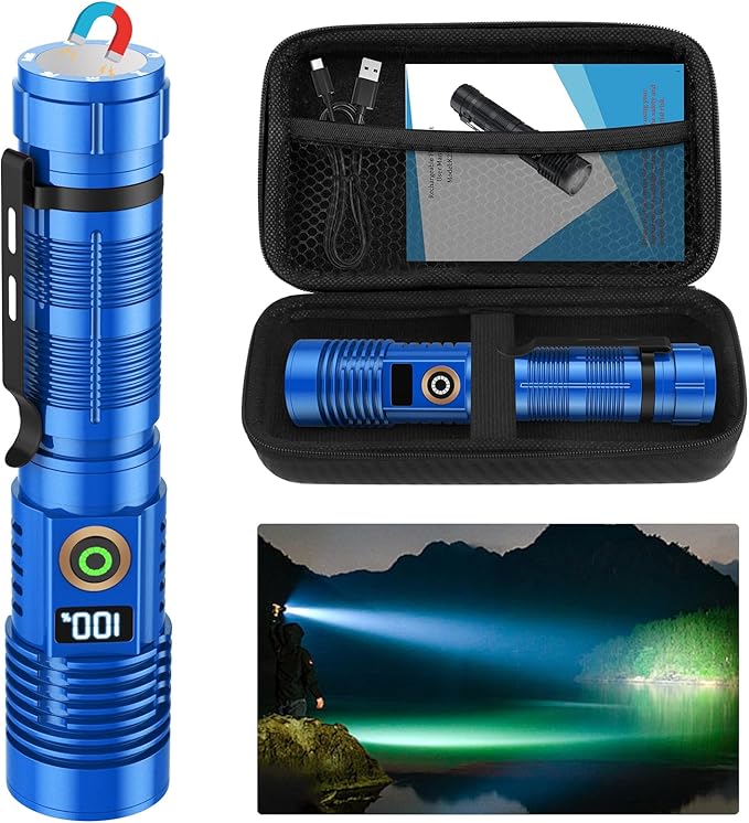 Rechargeable Flashlight High Lumens-12000LM Super Bright Magnetic Flash Light with Power Digital Display,3280Ft Long Range,Dimmable,Waterproof,Pocket Tactical LED Flashlights for Emergency, Blue, 1PC