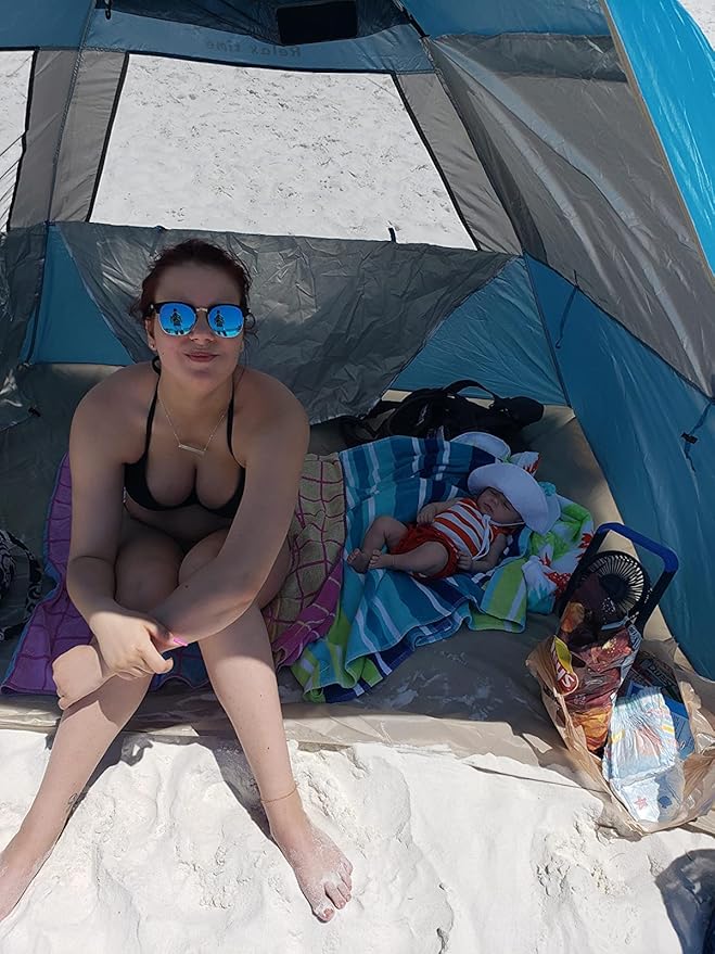 G4Free Easy Set up Beach Tent Deluxe XL, Pop up Sun Shelter for 3-4 Persons with UPF 50+ Protection Beach Shade with Extended Floor