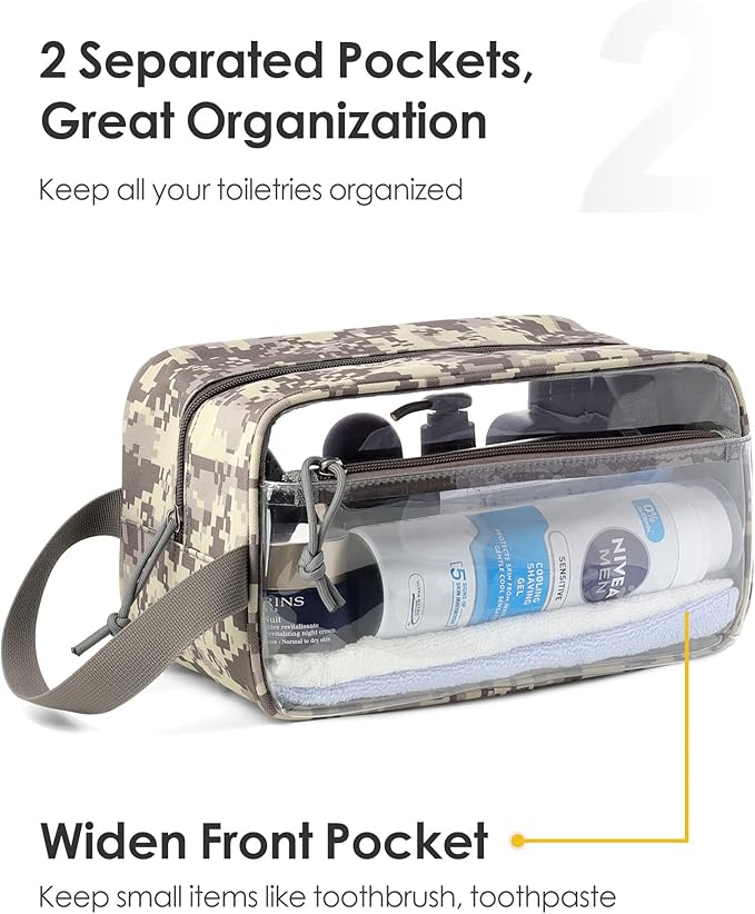 TACTICISM Clear Toiletry Bag Men, Large Capacity See Through Travel Bag with Handle for Toiletries Travel Essential with 2 Pockets, ACU Camo