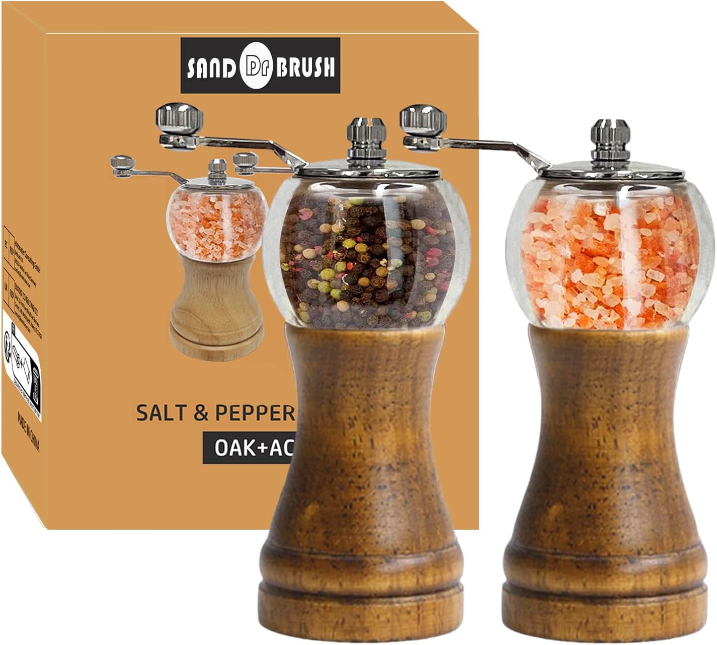 Salt and Pepper Grinder Set 2pcs-6in Pepper Mills Classical Roast Black Wooden Manual Pepper Grinder Set Metal Hand Shake Sea Salt Mill, Ceramic Core Grinding Fresh Ground Pepper Sea Salts