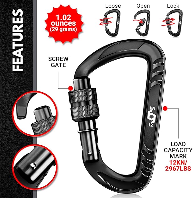 12kN (2697 lbs) Heavy Duty, Locking, Auto Locking, Wiregate Carabiner Clips, for Securing Pets, Outdoor, Camping, Hiking, Hammock, Dog Leash Harness, Keychains