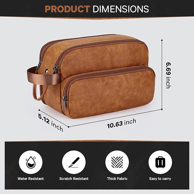 Toiletry Bag for Men, Travel Toiletry Bag Travel Essentials, Dopp Kit Water-resistant Shaving Bag, Bathroom Bag Toiletries Organizer, Brown(PU Leather)