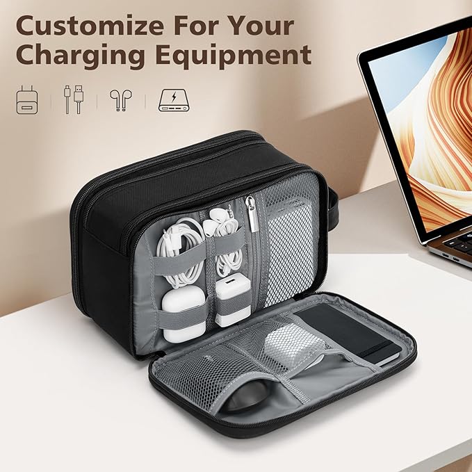 Wedama Toiletry Bag for Men, Medium Hanging Travel Toiletry Bag, Extra Electronic Organizer Bag Waterproof Shaving Bag for Toiletries with PU Handle for Travel Business Trips Swim Camping, Black