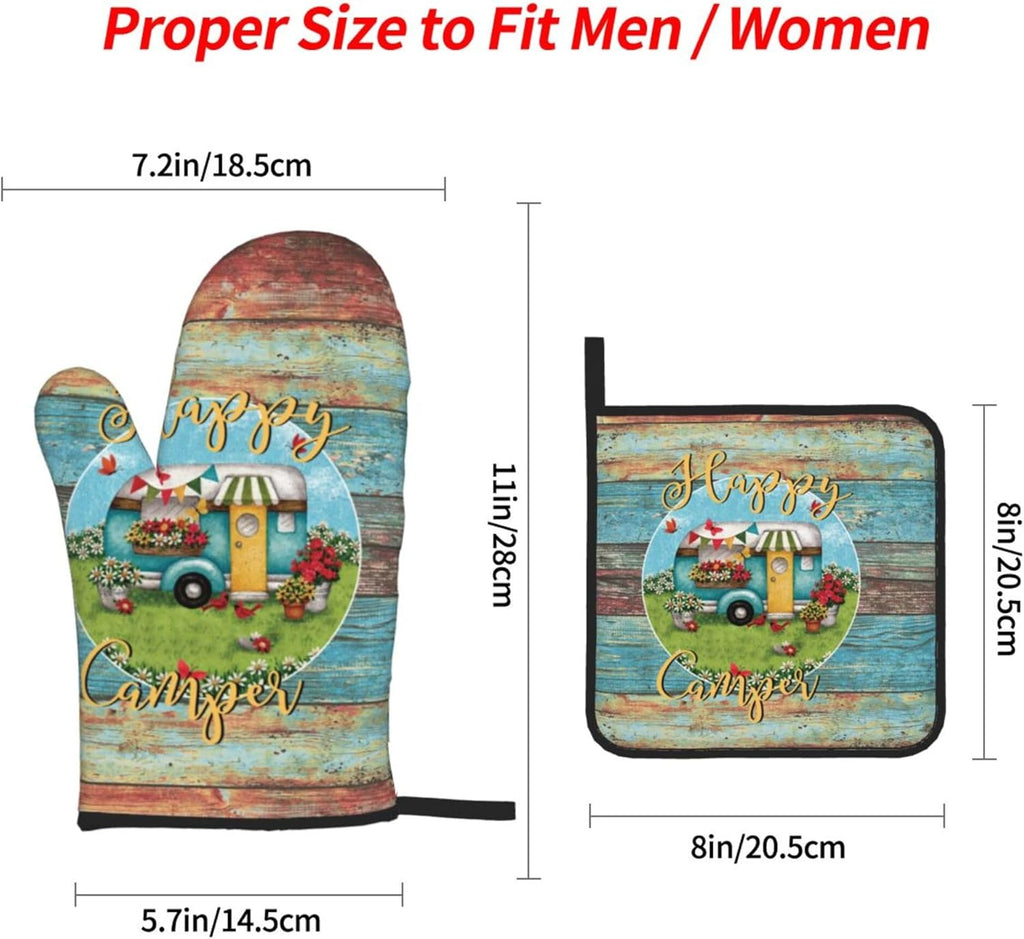 Happy Camper Oven Mitts and Pot Holders Sets of 4,Resistant Hot Pads with Polyester Non-Slip BBQ Gloves for Kitchen,Cooking,Baking,Grilling