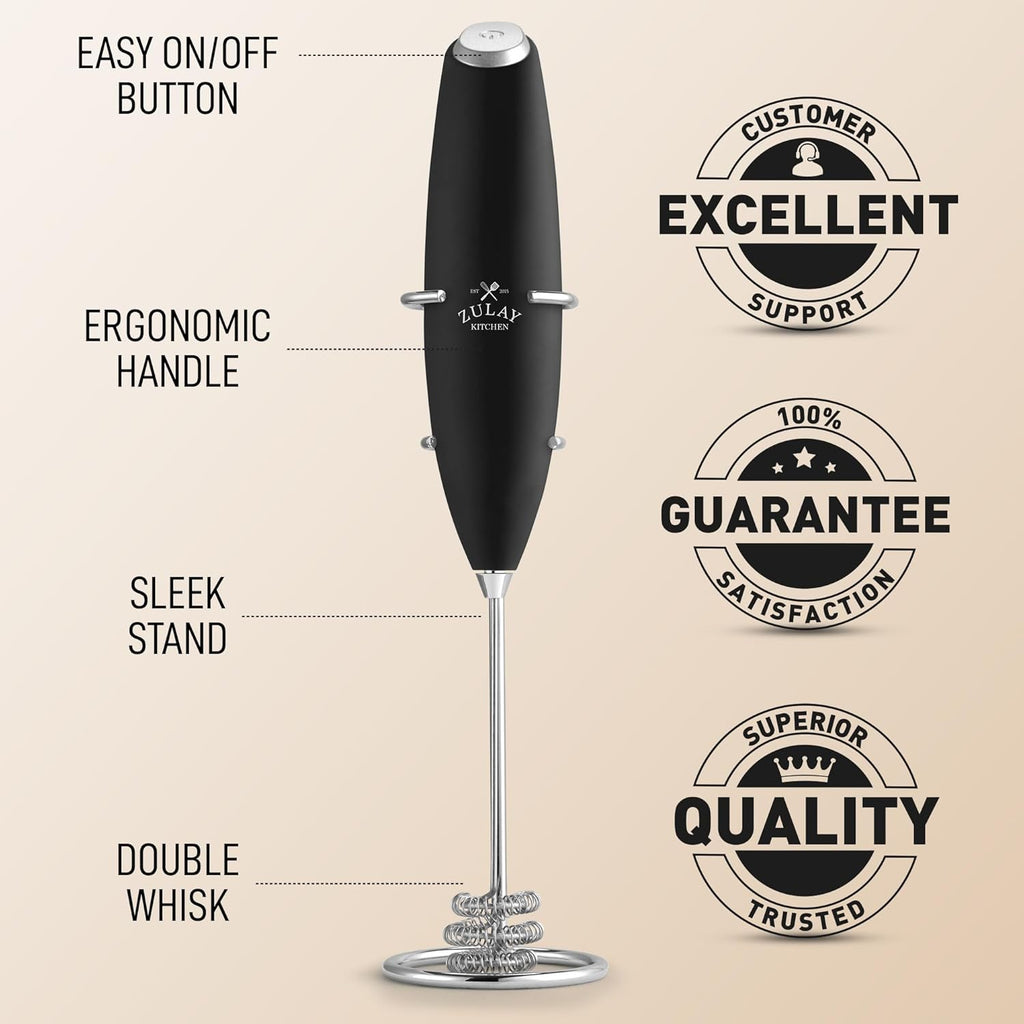 Zulay Kitchen Patented Tornado Triple Whisk Milk Frother with 4 Duracell Batteries – Handheld Foam Maker for Coffee, Lattes, Matcha & Hot Chocolate – Rich, Creamy Froth in Seconds