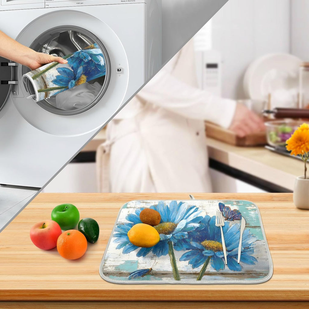 Rustic Daisy Blue on Vintage Wooden Dish Drying Mat for Kitchen Counter Absorbent Microfiber Small Drying Pad Dish mats for Kitchen Countertops 16 x 18 Inch