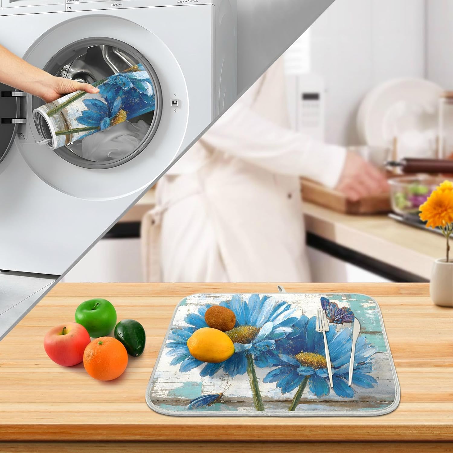 Rustic Daisy Blue on Vintage Wooden Dish Drying Mat for Kitchen Counter Absorbent Microfiber Small Drying Pad Dish mats for Kitchen Countertops 16 x 18 Inch