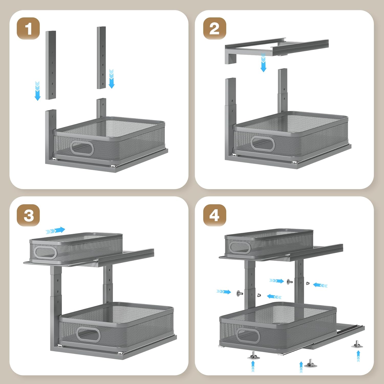 2 Pack 15.5IN-Depth Under Sink Organizer With Next-Gen Ball-Bearing Slides,2-Tier Precision Mesh Pull Out Cabinet Storage for Bathroom&Kitchen,Height Adjustable Drawers Shelf,Anti-rust-Grey