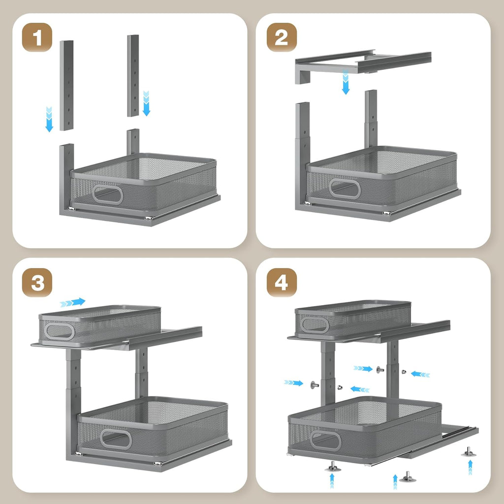 1 Pack 15.5IN-Depth Under Sink Organizer With Next-Gen Ball-Bearing Slides,2-Tier Precision Mesh Pull Out Cabinet Storage for Bathroom&Kitchen,Height Adjustable Drawers Shelf,Anti-rust-Grey
