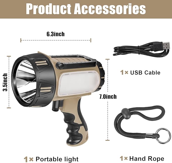 Super Bright Rechargeable Spotlight Handheld Rechargeable LED Flashlight Tactical Searchlight with USB Output 6 Light Modes Camping Light (Grey)