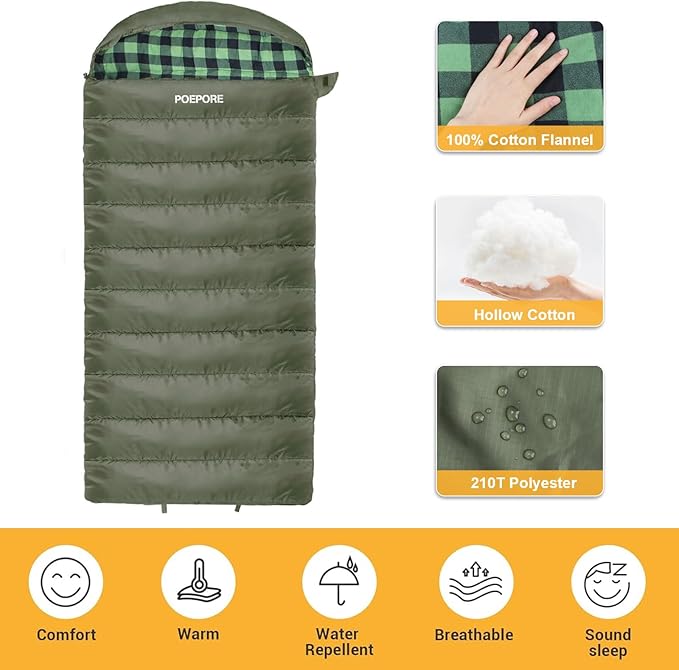 0 Degree Sleeping Bag 100% Cotton Flannel XXL Cold Weather Winter Oversized Sleeping Bag for Adults Camping Zero Degree Big and Tall with Compression Sack