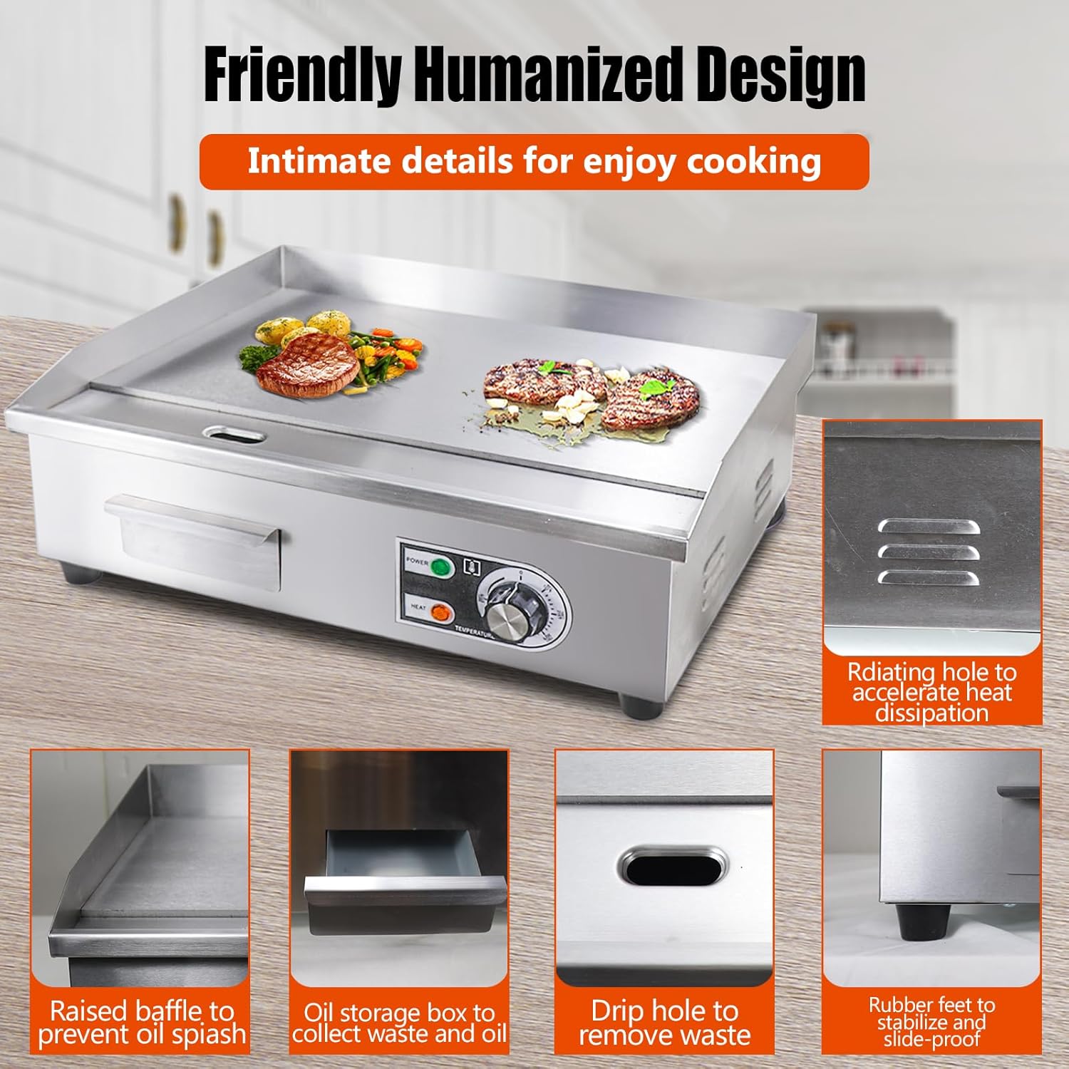 22" Commercial Electric Griddle,Electric Countertop Flat Top Griddle,110V 1600W Electric Flat Top Grill,Non-Stick Restaurant Teppanyaki Stainless Steel Grill,Adjustable Temperature Control