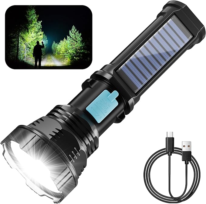 Solar/Rechargeable LED Flashlights, Multi Function Flashlight with 2000 mAh Battery, Emergency Strobe Light, Waterproof, Fast USB Charging, Survival Gear and Supplies for Emergencies Camping