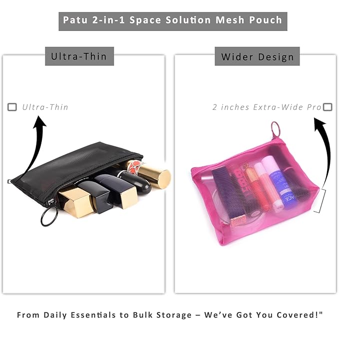 patu Widened Mini Zipper Mesh Bags, Size S, 5" x 4" x 2", 5 Pieces, Beauty Makeup Lipstick Cosmetic Accessories Organizer, Small Travel Kit Storage Pouch, Assorted Colors