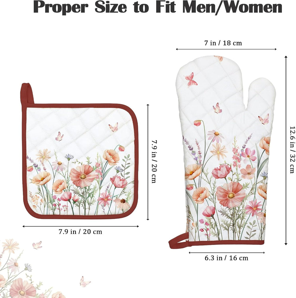 Pink Floral Oven Mitts and Pot Holders Sets 2Pcs, 100% Cotton Heat Resistant, Extra Long Oven Gloves Potholder for Kitchen Cooking Baking Decoration