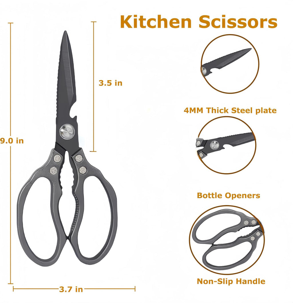 Kitchen Scissors, Heavy Duty Sharp Kitchen Shears Dishwasher Safe, Kitchen Accessories Cooking Shears for Kitchen Meat Chicken Fish Poultry Herb Bread (All Black), skr-05