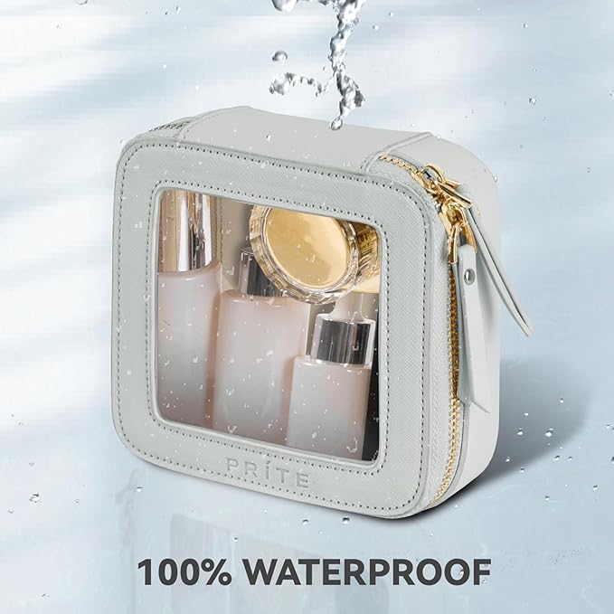 Prite Small Makeup Bag for Women Portable Clear Makeup Bag Cute Mini Waterproof Travel Cosmetic Bag with Gold Zipper for Car Essentials(Grey)