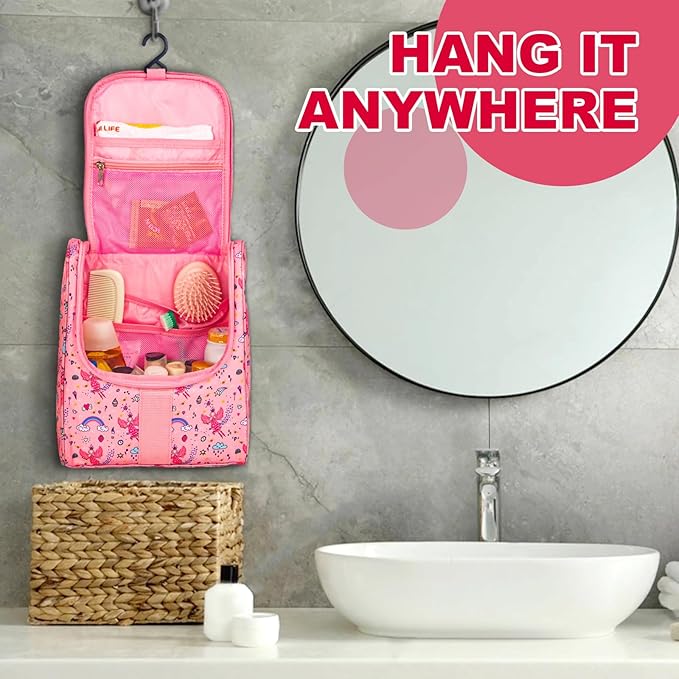 Cute Cartoon Hanging Kids Toiletry Bag Children Travel Cosmetic Makeup Organizer Wash Bag Shower bag Over Night Bag Camping Shaving Kit Bag for Boys & Girls(Fairy)