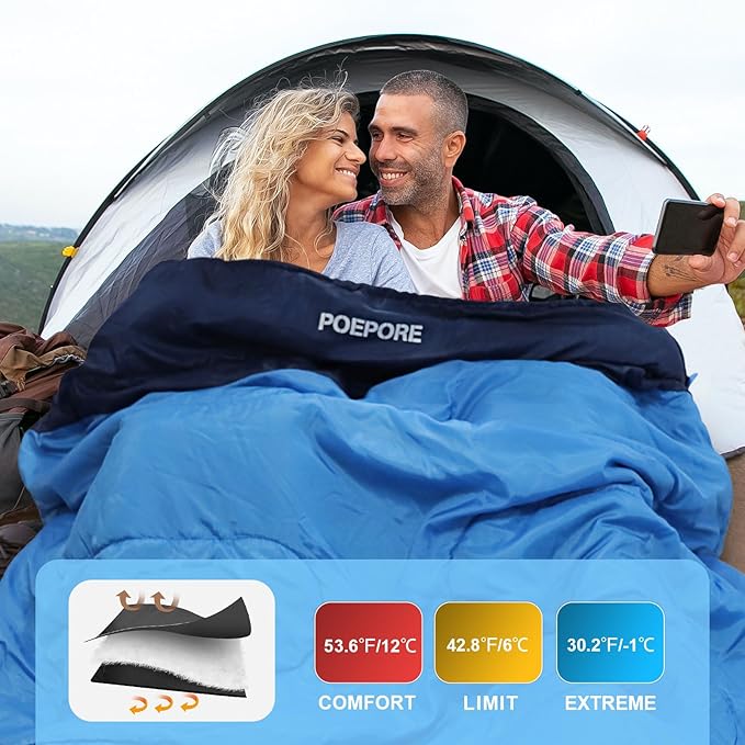 Double Sleeping Bag Flannel for Adults with 2 Pillows 2 Person Sleeping Bags Camping XXL Queen Size Two Person Sleeping Bag for Cold Weather