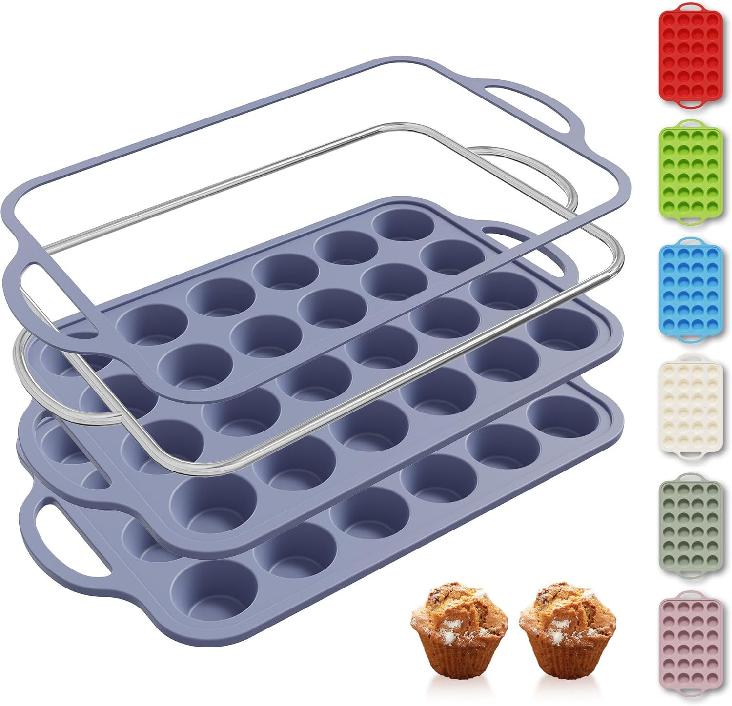 2 Packs 24 Cups Silicone Muffin Pan with Metal Reinforced Frame Mini Size Cupcake Pan Tray Egg Bites Silicone Circle Cookie Molds Muffin Tin Tart Pans Baking Sheet Set for Breakfast Sandwiches