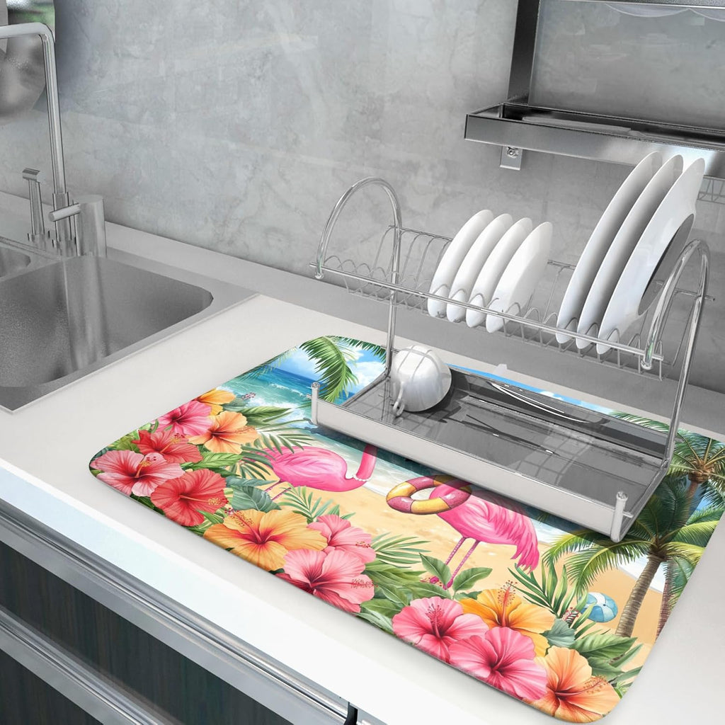 Summer Flamingos Dish Drying Mat 18x24 inch Tropical Beach Microfiber Washable Dish Rack Mats Drainer Pad for Counter Kitchen Table Decor