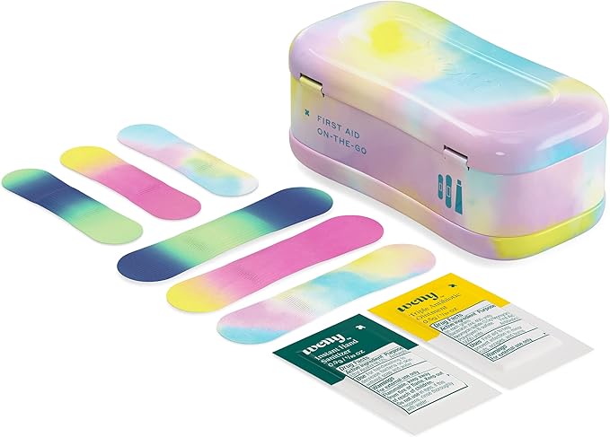 Welly Quick Fix Colorwash, On The Go First Aid Kit, Assorted Bandages, Ointments, and Hand Sanitizer, Tie Dye Patterns, 2 Pack