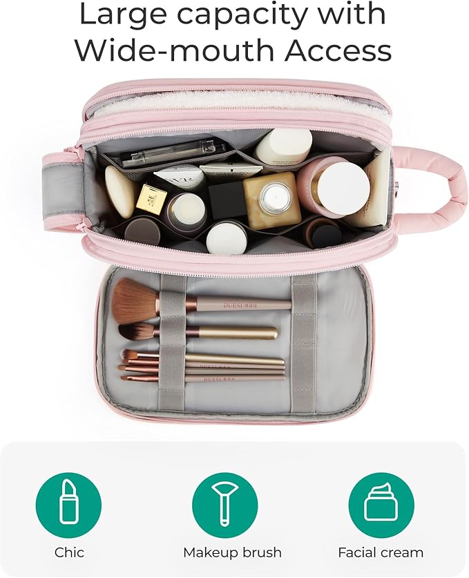 BAGSMART Travel Toiletry Bag for Women, Puffy Cosmetic Makeup Bag Organizer, Large Wide-open Travel Organizer for Toiletries, Dopp Kit Water-resistant Makeup Case for Accessories-Black