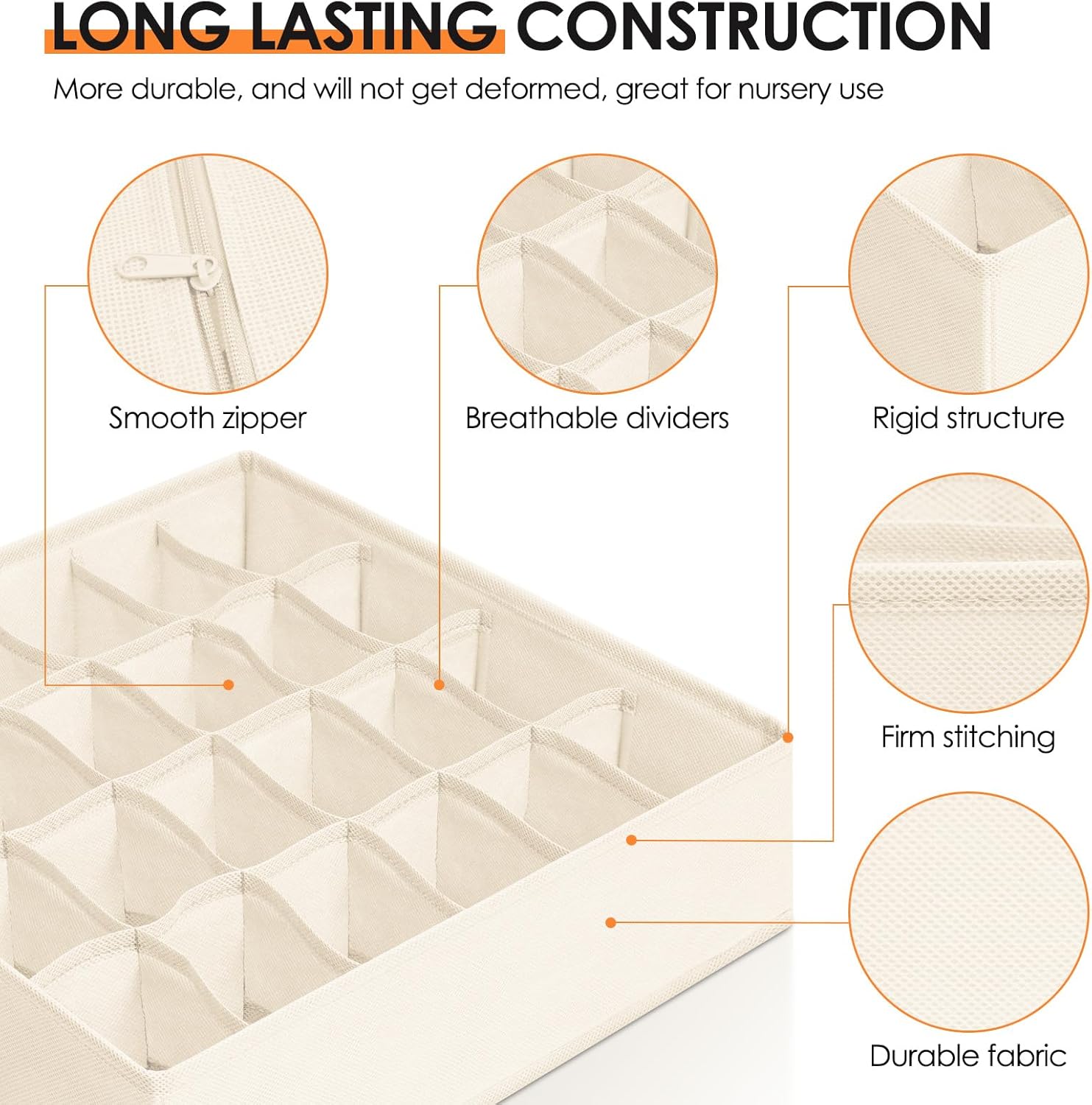 Drawer Organizer Clothes, 8 Pack Dresser Organizer Bins for Baby Clothes, Underwear Sock, Fabric Closet Organization and Storage Dividers for Nursery Bedroom (48 Compartments, Beige)