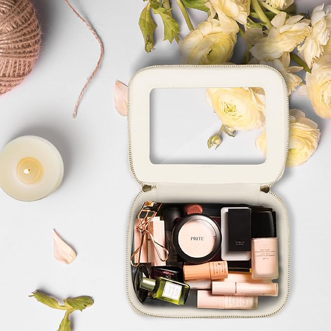Prite Clear Makeup Bag Cosmetic Organizer Case Waterproof Travel Toiletry Bag Skincare Pouch with Golden Zipper(Beige)