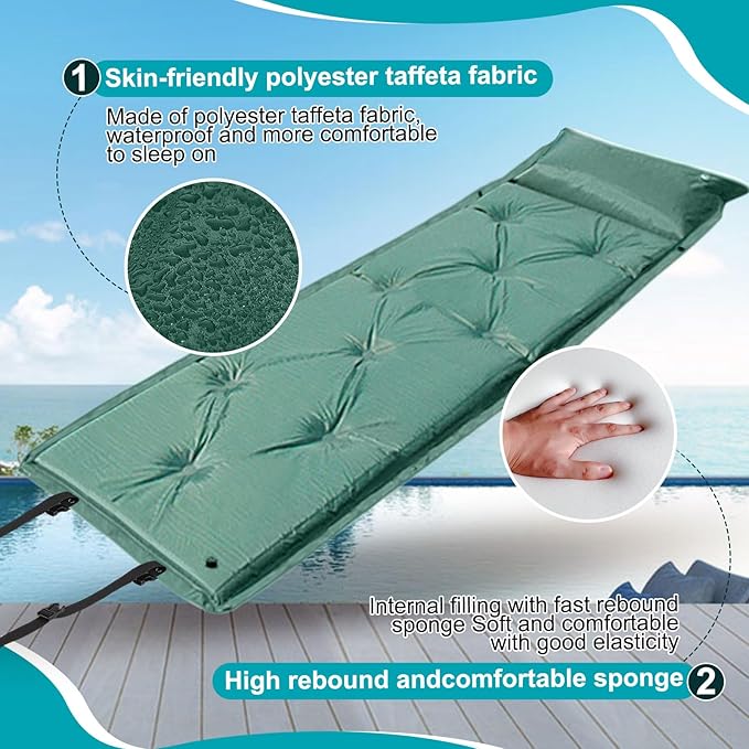 2 Pack Self Inflating Sleeping Pads with Pillow, Ultralight Camping Mat,connectable Portable Pad,lightweight Inflatable Mattress Pad, Insulated Foam Sleep Mat for Backpacking, Tent, Hammock
