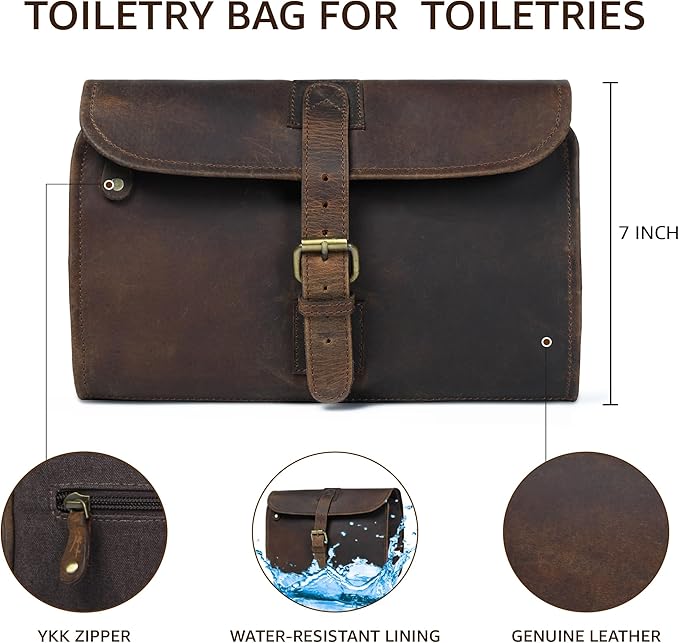 LEATHER VILLAGE Hanging Toiletry Bag for Men & Women, Handcrafted Vintage Cosmetic & Shaving Organizer Travel Dopp Kit- Brown