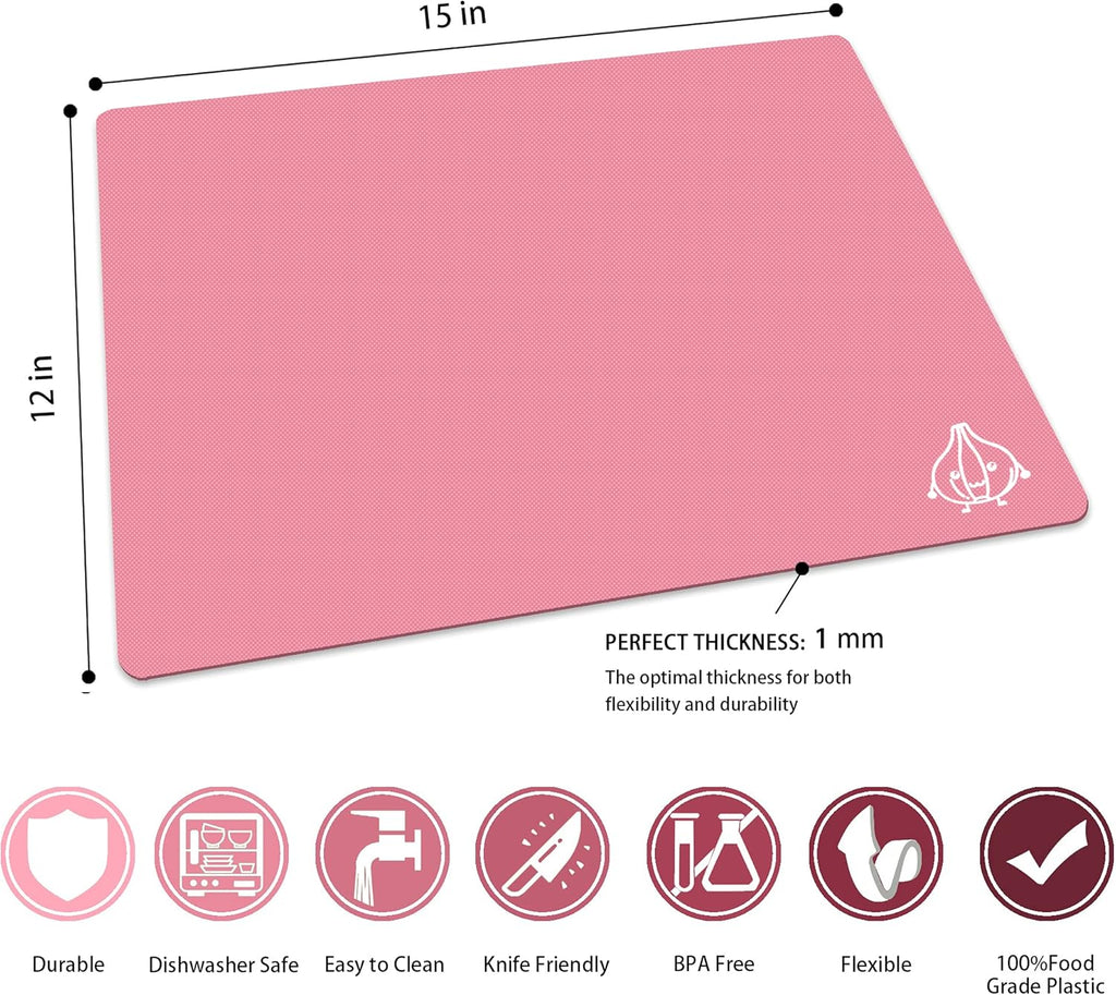 ZVP Plastic Cutting Boards for Kitchen, Flexible Cutting Mats, Gradient Pink Chopping Boards with Food Icon, Non-Slip, Non Porous, BPA Free, Dishwasher Safe