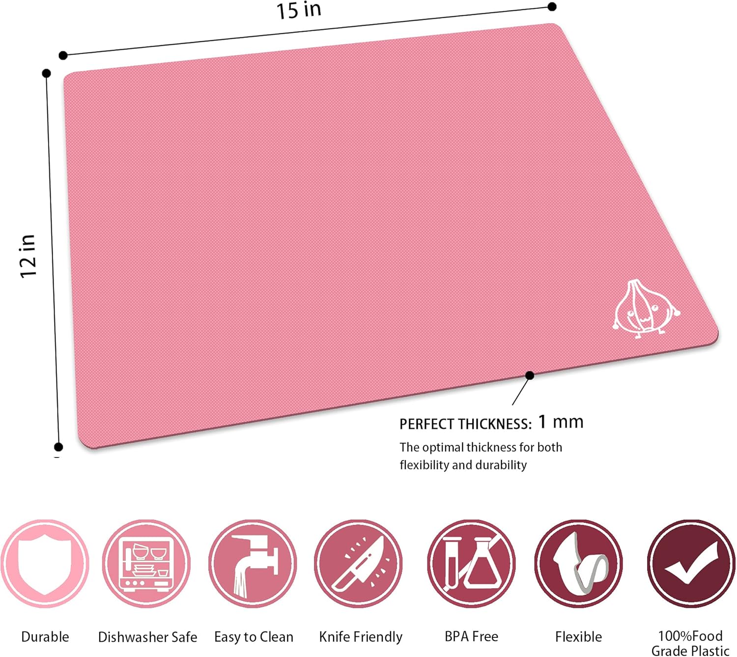 ZVP Plastic Cutting Boards for Kitchen, Flexible Cutting Mats, Gradient Pink Chopping Boards with Food Icon, Non-Slip, Non Porous, BPA Free, Dishwasher Safe