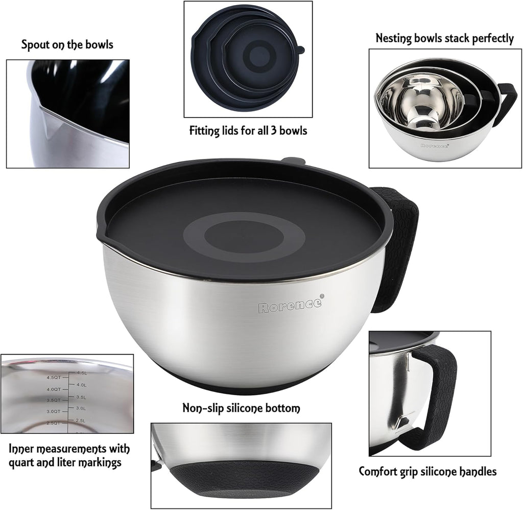 Rorence Stainless Steel Non-Slip Mixing Bowls With Pour Spout, Handle and Lid, Set of 3, Black
