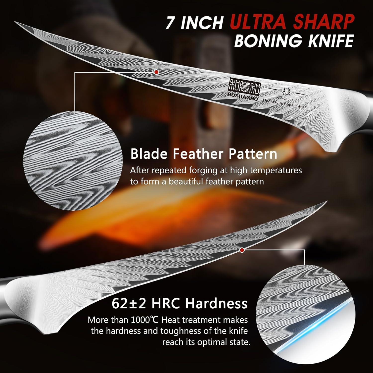 Fillet Knife 7 Inch, Damascus Steel Boning Knife, Professional Fish Fillet Knife for Meat Chicken Cutting, Meat Knife with G10 Ergonomic Handle