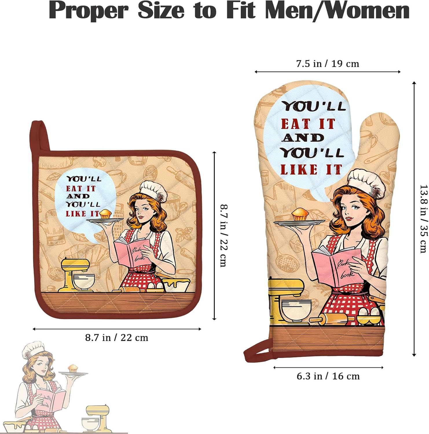 Retro Housewife Oven Mitts and Pot Holders Sets 4Pcs, 100% Cotton Heat Resistant, Extra Long Oven Gloves Potholder for Kitchen Cooking Baking Decoration