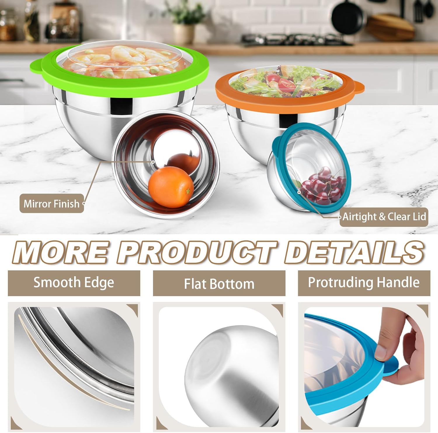 P&P CHEF Mixing Bowl with Lid Set of 7, Stainless Steel Nesting Salad Bowls for Cooking Serving Prepping, Clear Lids & Stackable Design, Size 4.6, 3.5, 3, 2, 1.5, 1, 0.7 Qt - Multicolor