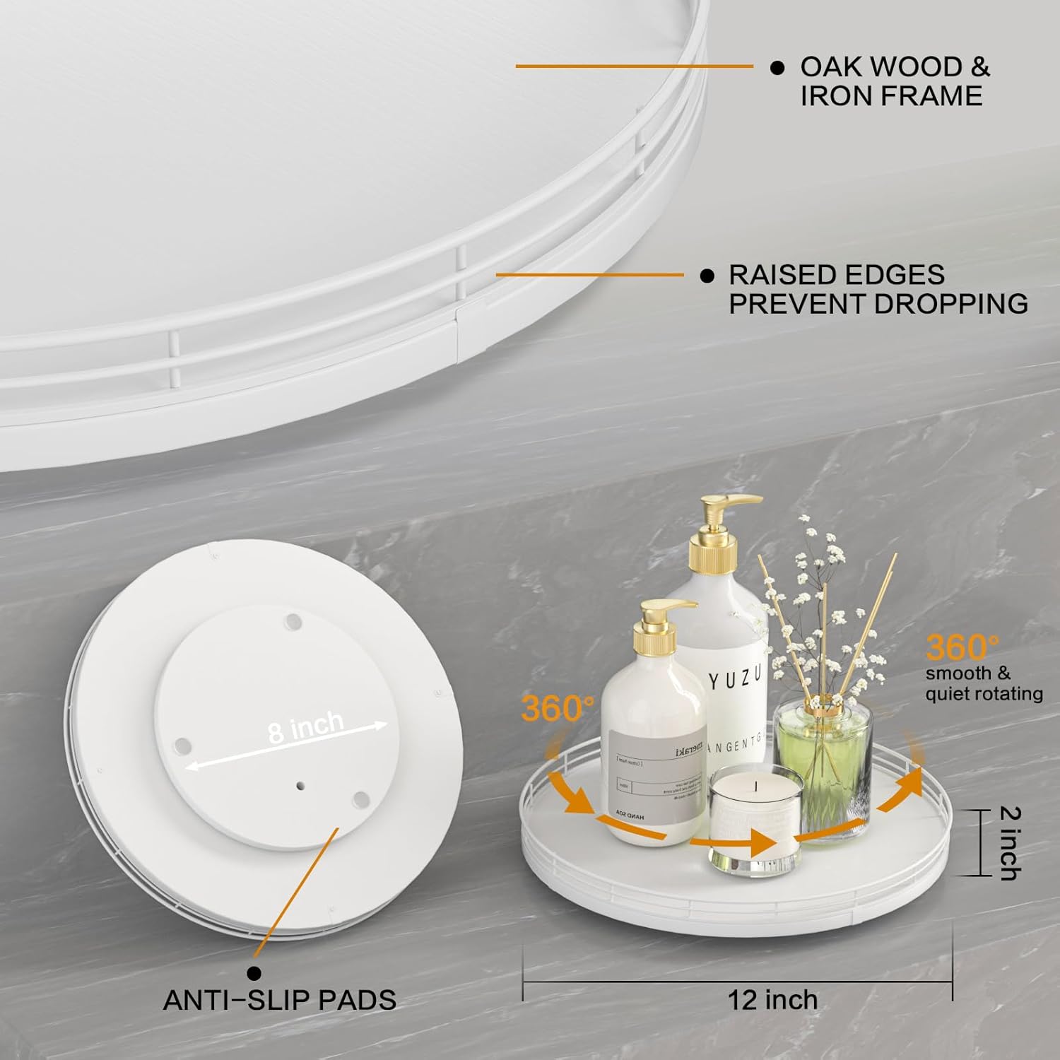 12" Oak Wood Bathroom Tray for Counter, Vanity Tray for Perfume Lotion Candle Makeup Jewelry Sink Soap Holder Turntable Dresser Organizer Countertop Coffee Table Decor Organization and Storage White