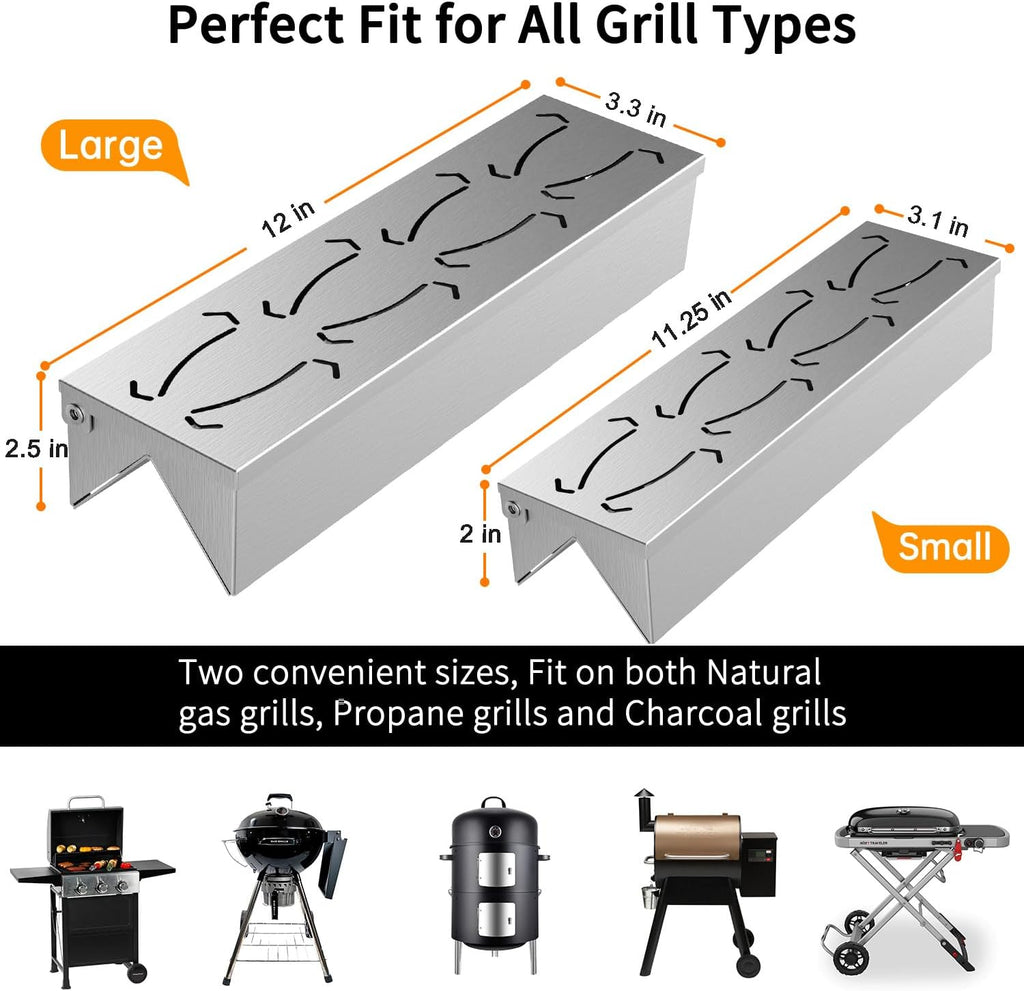 Smoker Box for Gas Grilling | 2 Pack Wood Chip Smoke Box for Gas Grill | V-Shaped Design for Maximum Smoke Production | Durable & Convenient Hinge Lid - Set of 2 Sizes (12" & 11.25")