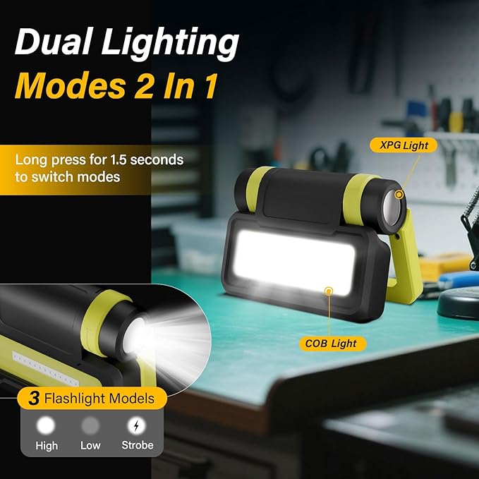 LED Work Light, Flashlight with COB Camping Lantern, 1000LM Magnetic Flashlight, 200°Foldable, 5+3 Modes, Rechargeable Waterproof Handheld Flashlights for Camping, Home, Car Repair, Emergency, Fishing