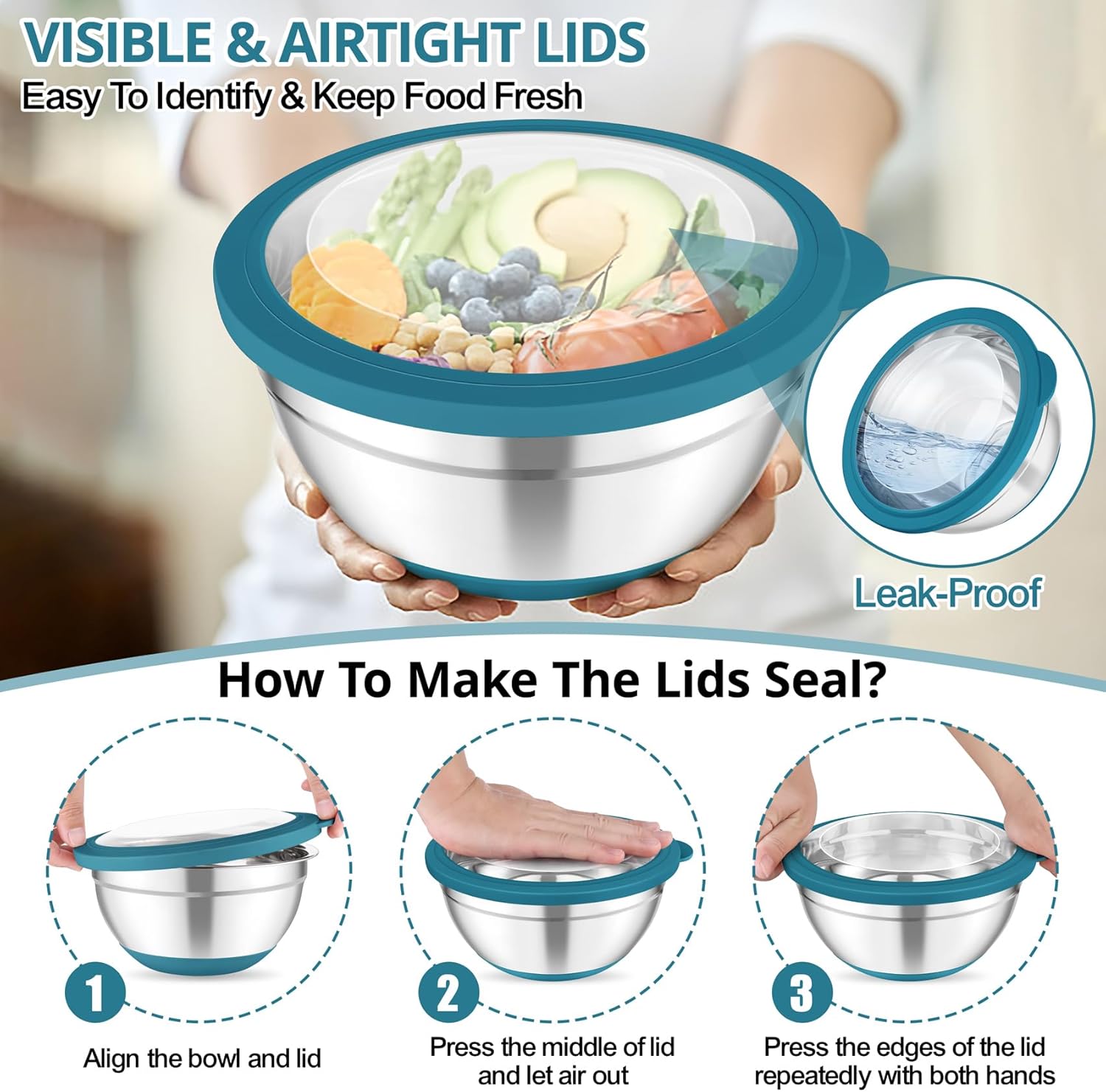 TeamFar Mixing Bowls, 5PCS Stainless Steel Serving Salad Bowls with Lids, For Kitchen Mixing/Baking/Storing/Prepping, Visible & Airtight, Non-Slip Bottom - 4.6/3.5/1.5/1 / 0.7 QT, Dark Blue