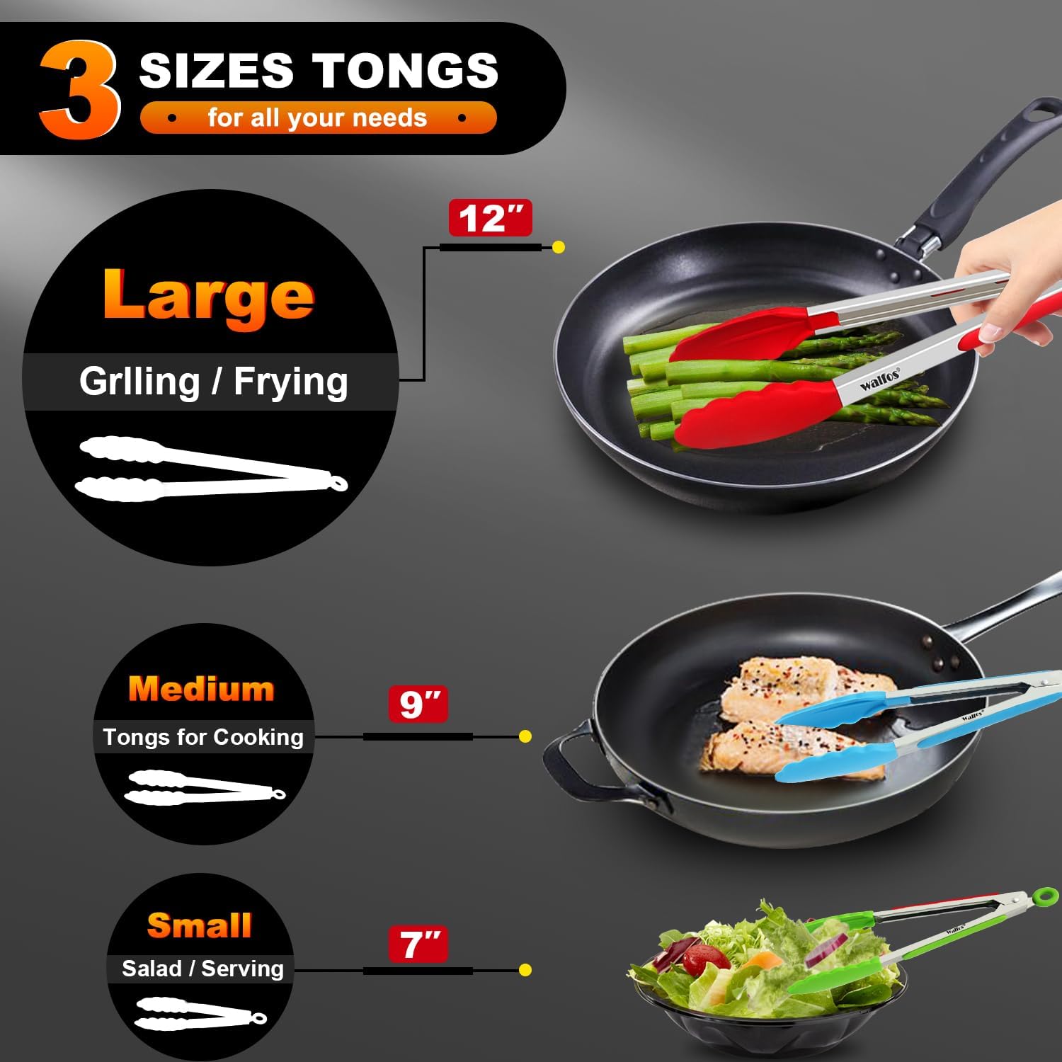 Walfos Silicone Tongs for Cooking - Heat Resistant kitchen tongs for Salad,Cooking, Grilling,Stainless Steel and BPA Free Silicone Tips set of 3 (7" 9" and 12 inch)