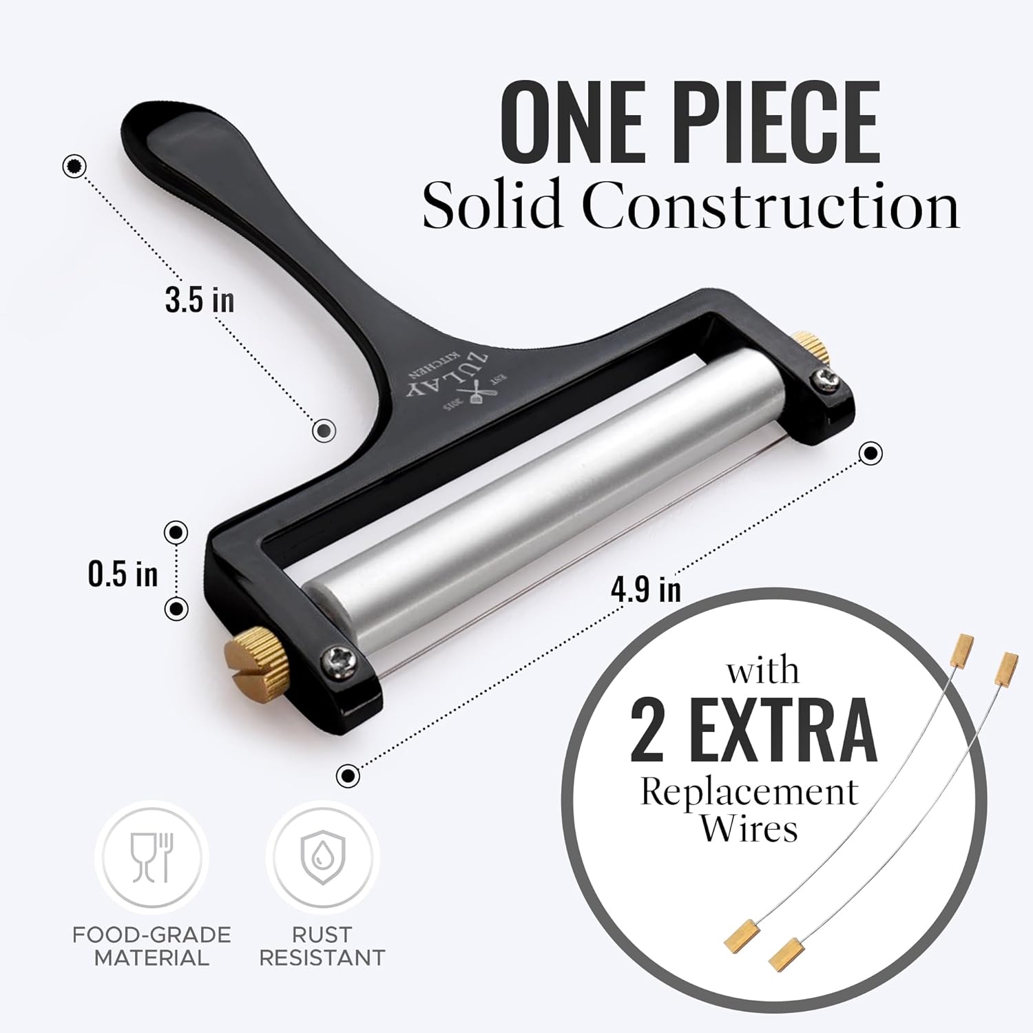 Zulay Kitchen Stainless Steel Wire Cheese Slicer - Adjustable Hand Held Cutter with 2 Extra Wires - Premium Cheese Shaver For Mozzarella, Cheddar, Gruyere - Black