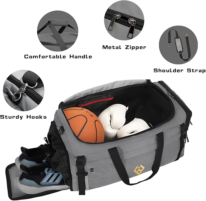 Eackrola Large Sports Gym Bag, Travel Duffel bag with Wet Pocket & Shoes Compartment for men women, 65L, Lightweight（Light Gray）