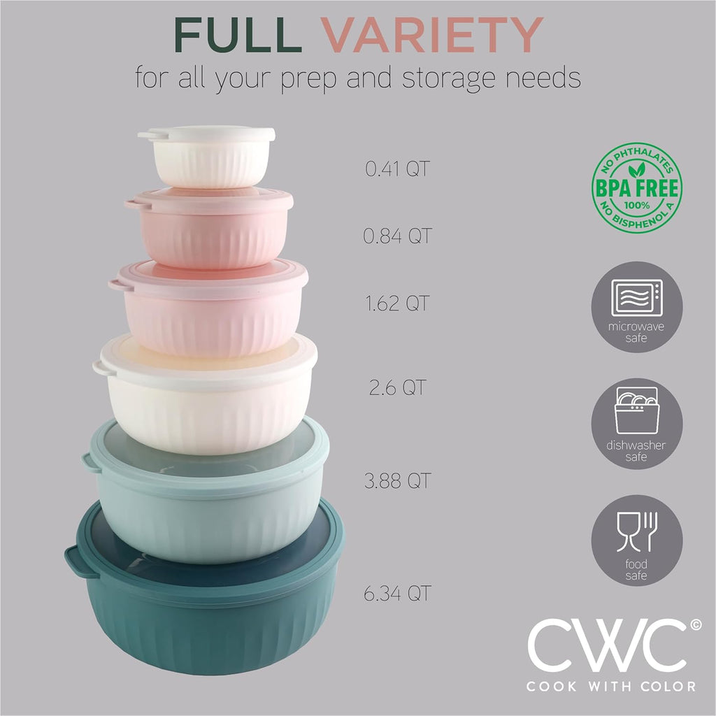 COOK WITH COLOR Prep Bowls with Lids- Wide and Deep Nesting Plastic Small Mixing Bowl Set with Lids, 12 Piece Set - Wide Bowls, Teal and Pink