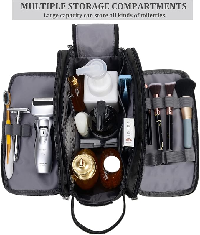 Mens Toiletry Bag Travel Leather Toiletry Organizer Dopp Kit for Men Water-resistant Shaving Bag for Bathroom (Black)