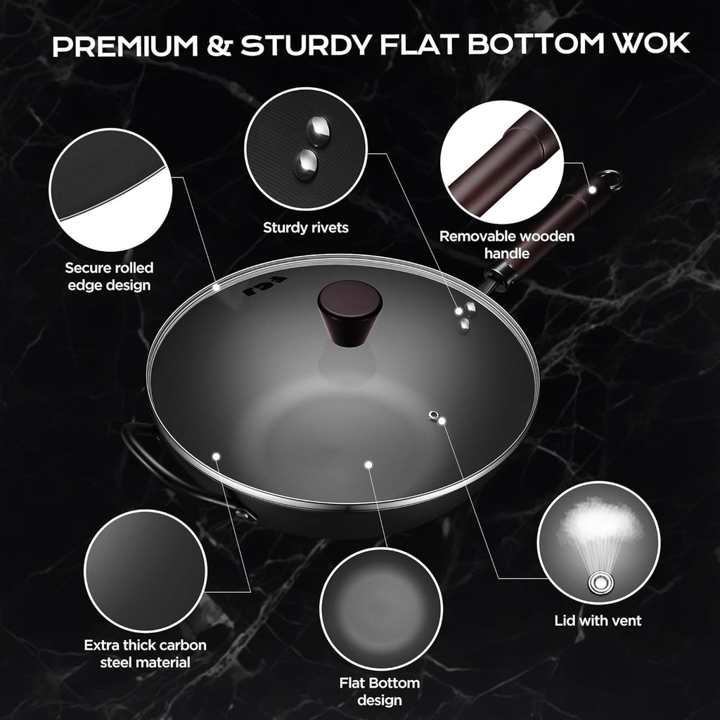 Wok, 13 Inch carbon steel woks & stir-fry pans nonstick, Pre-Seasoned 5.8QT Flat Bottom Chinese Wok Pan with lid, Carbon Steel Cookware, Compatible with All Cooktops