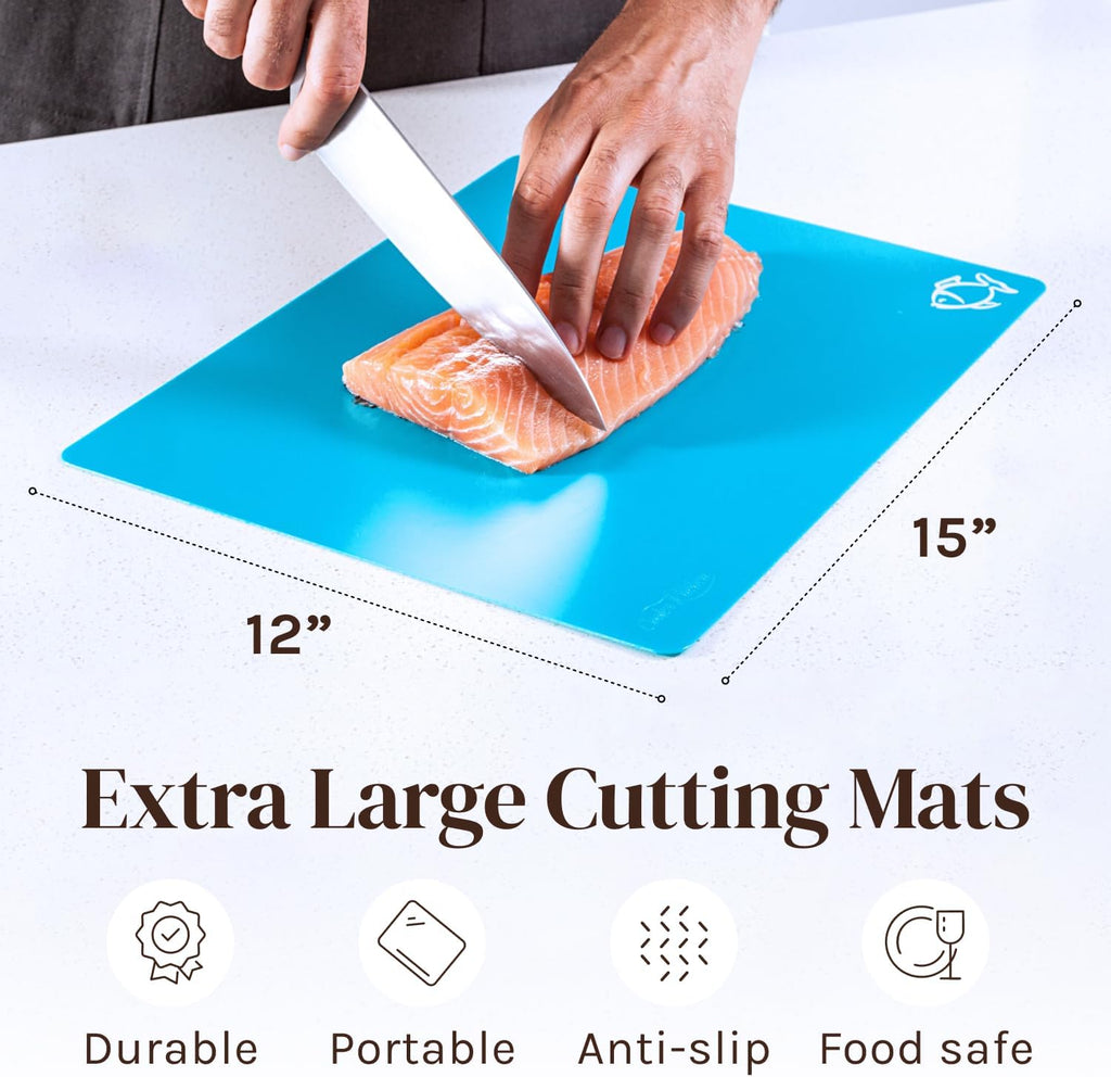 Extra Thick Flexible Plastic Cutting Board Mats with Food Icons & EZ-Grip Waffle Back, (Set of 6) Dishwasher Safe Vibrant