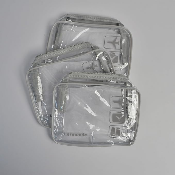 Lermende 2pcs Clear Toiletry Bag TSA Approved Travel Bag,Carry On for Travel,Airport Airline Accessories Compliant Bag,Quart Sized Makeup Cosmetic bag Women Men (Gray, 3 Pack)