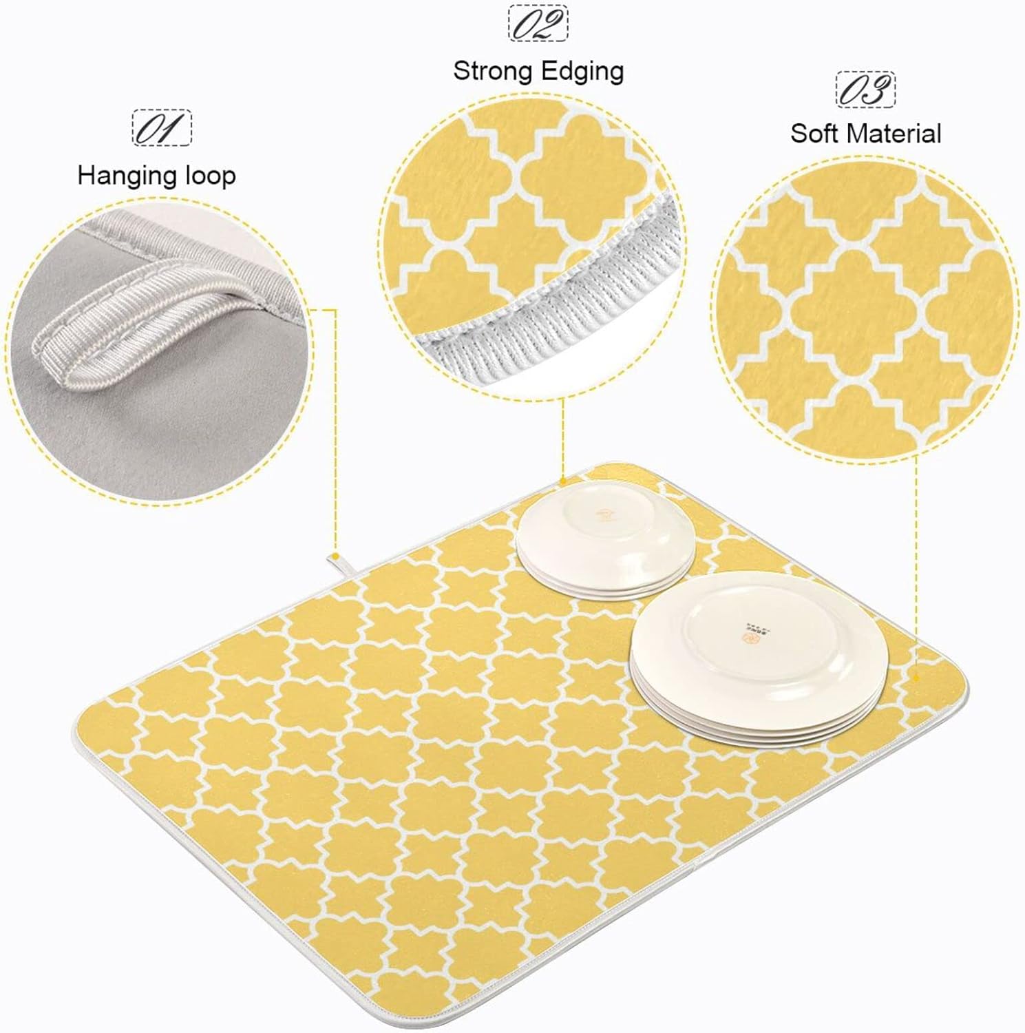 Super Absorbent Dish Drying Mat, Microfiber Fast-Drying Dish Mat, 24" x 18", Kitchen Dish Drying Pad, Quatrefoil Lattice Yellow Pattern